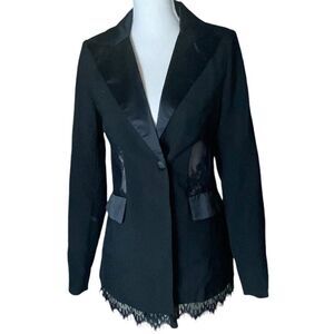 4th + Reckless Women’s Black Satin Lapel Lace Sides Lace Hem Blazer Size 6